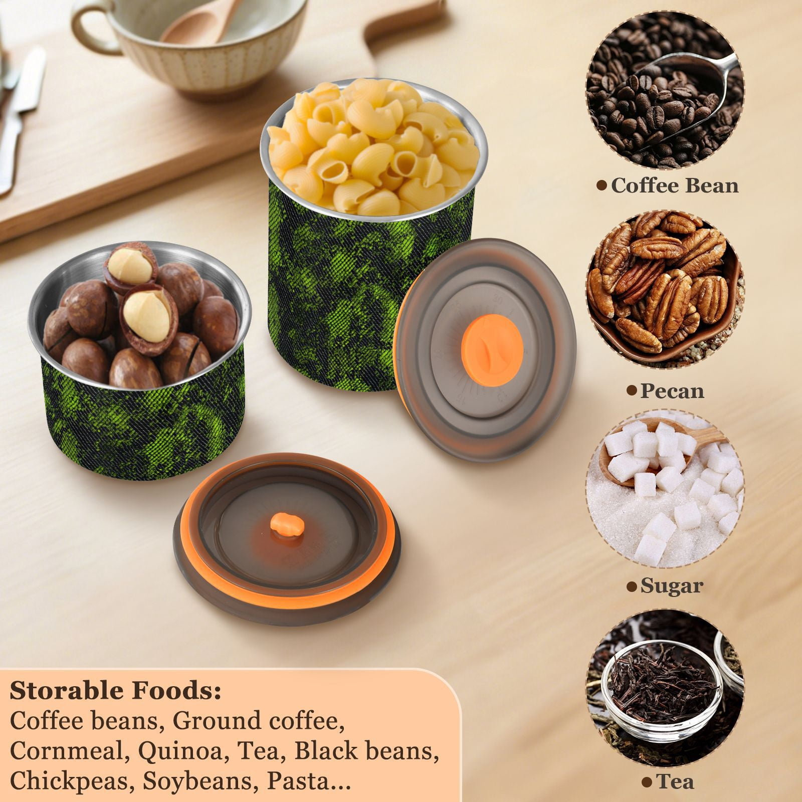 Green Black Snake Print Airtight Coffee Bean Canister 30oz Food Storage Containers with Lids For Gournd, Tea, Sugar, Flour, Rice, Cereal, Candy Cookie Jar