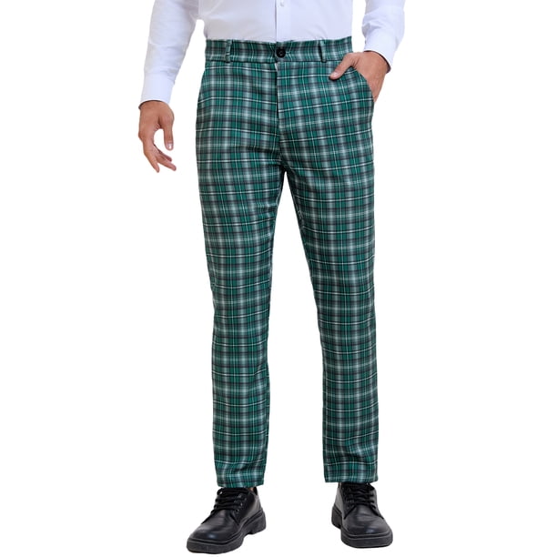 Pantalones de Hombre INSPIRE CHIC de Cuadros Casual de Corte Regular con Frente Plano y Stretch, Talla 28, Verde Oscuro