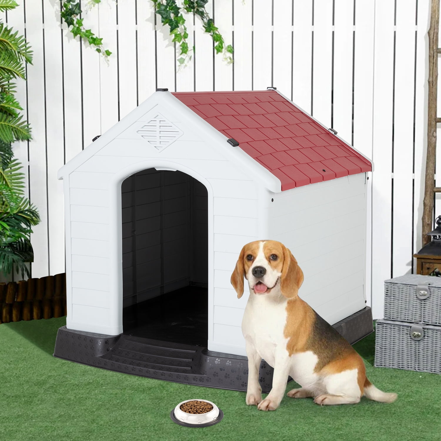 Plastic Dog House 28 inch Indoor Outdoor Dog Houses with Elevated Floor, All Weather Waterproof Doghouse, Easy to Assemble,Ventilation Design Pet House, Red