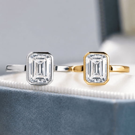 Diiro Emerald Cut Bezel Set Moissanite Ring, 10K Vermeil Yellow Gold Ring, Minimalist Gold Engagement Ring, Wedding Ring