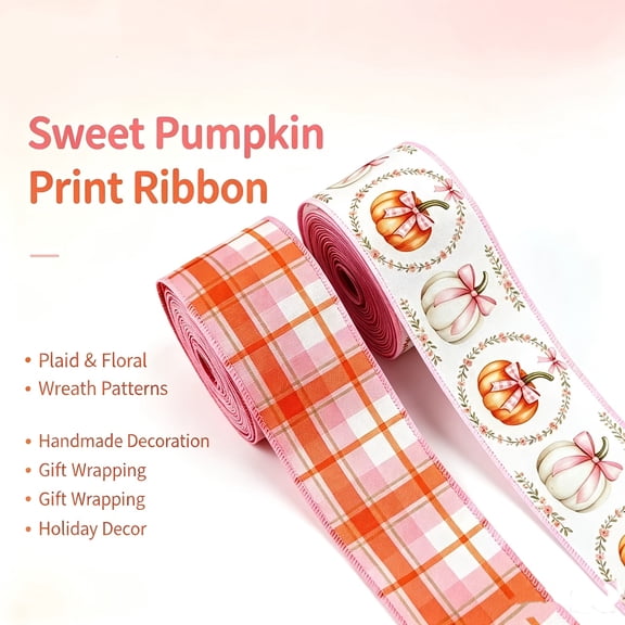 2pcs Halloween Pink Fall Thanksgiving Wired Ribbon 2‑Pack, Pink‑Orange Buffalo Plaid & Pastel Pumpkin Bow Print Decorative Ribbon for Wreath Gift Wrapping