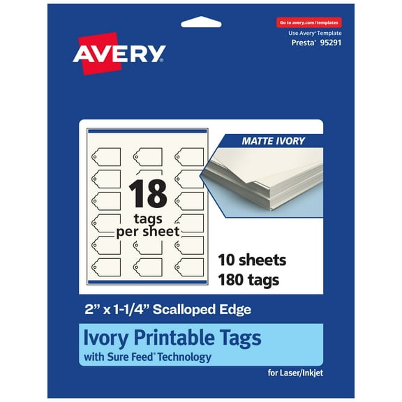 Avery 2" x 1-1/4" Rectangle Scalloped Tags, Matte Ivory, 180ct