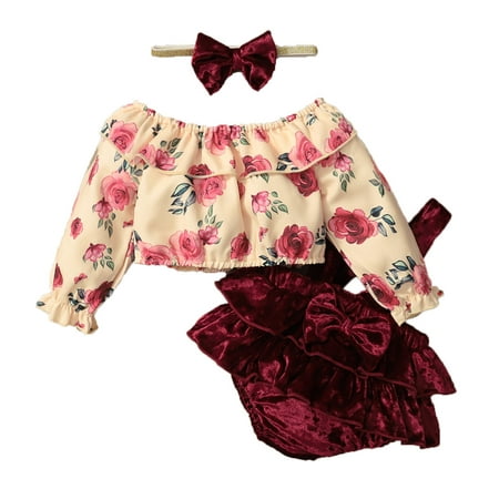 

Kids Girls Soild Long Sleeve Flower Floral Printed Top Suspender Pants Hairband Clothes 3pcs Outfits&Set