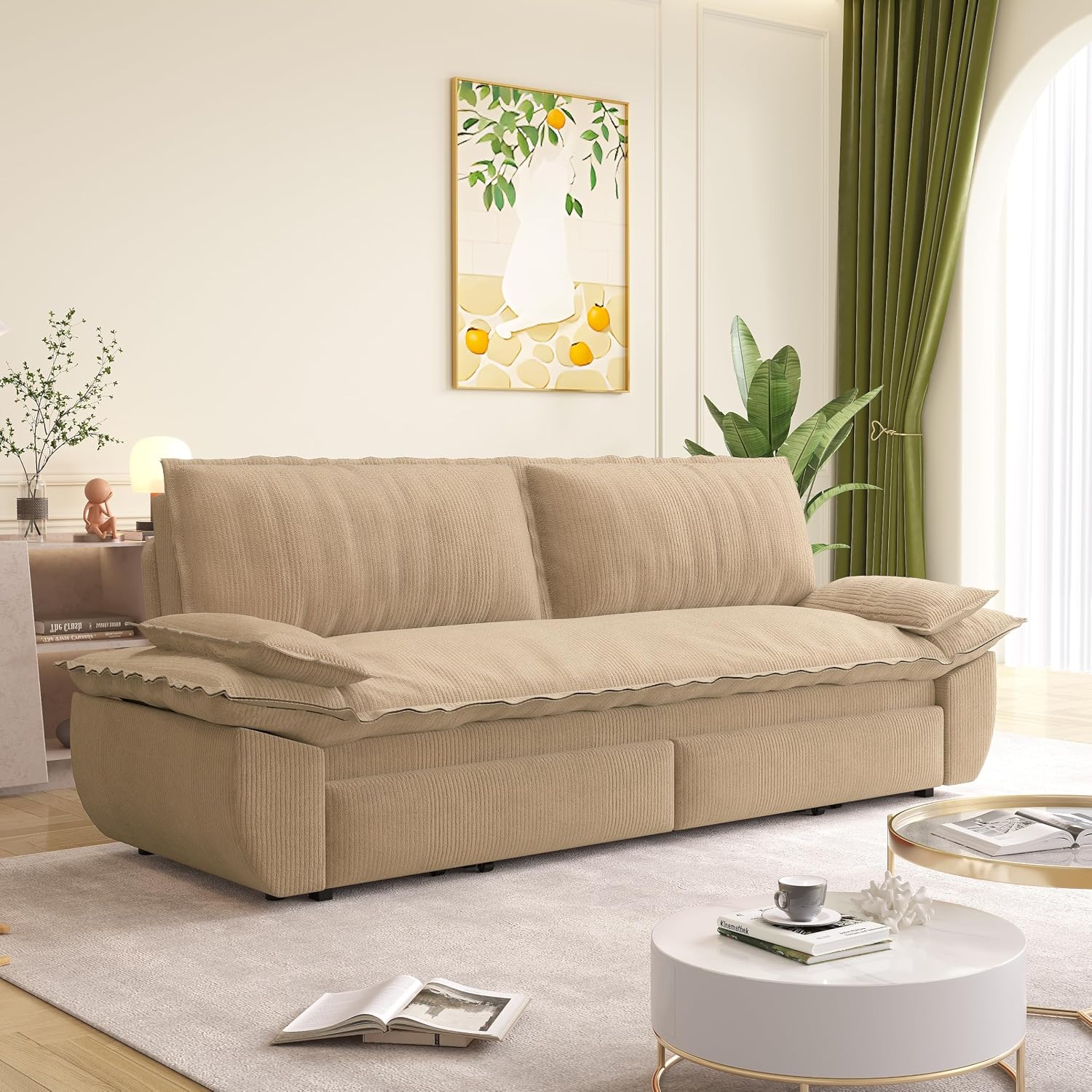73.2" Queen 3‑In‑1 Convertible Sleeper Sofa Bed, Corduroy Pull Out Multi‑Functional Loveseat, Camel