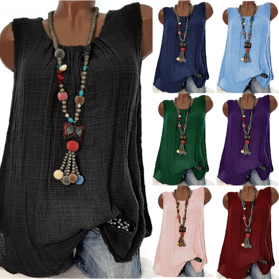 Tbopshirt Womens Tank Top Womens Cotton Linen Sleeveless Baggy T-shirt Vest Tee Blouse Tank Tops Plus Size