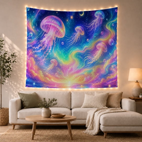 Bioluminescent Jellyfish in Cosmic Nebula with Stars and Moon, Dreamy Fantasy for Space Lovers, Ethereal Ocean Digital Art, Birthday Gift Tapestry Wall Hanging for Bedroom and Living Room