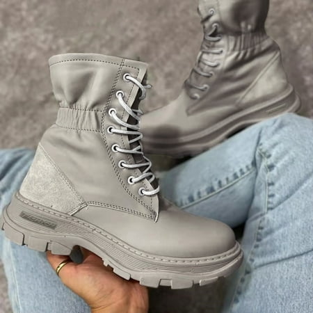 

Midewhik Cloth Stitching Solid Casual Color Lace-up Fashion Boots Short Platform Elastic Leather women s boots