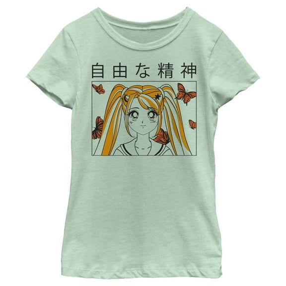 Girl's Lost Gods Butterfly Anime Girl Graphic Tee Mint Medium