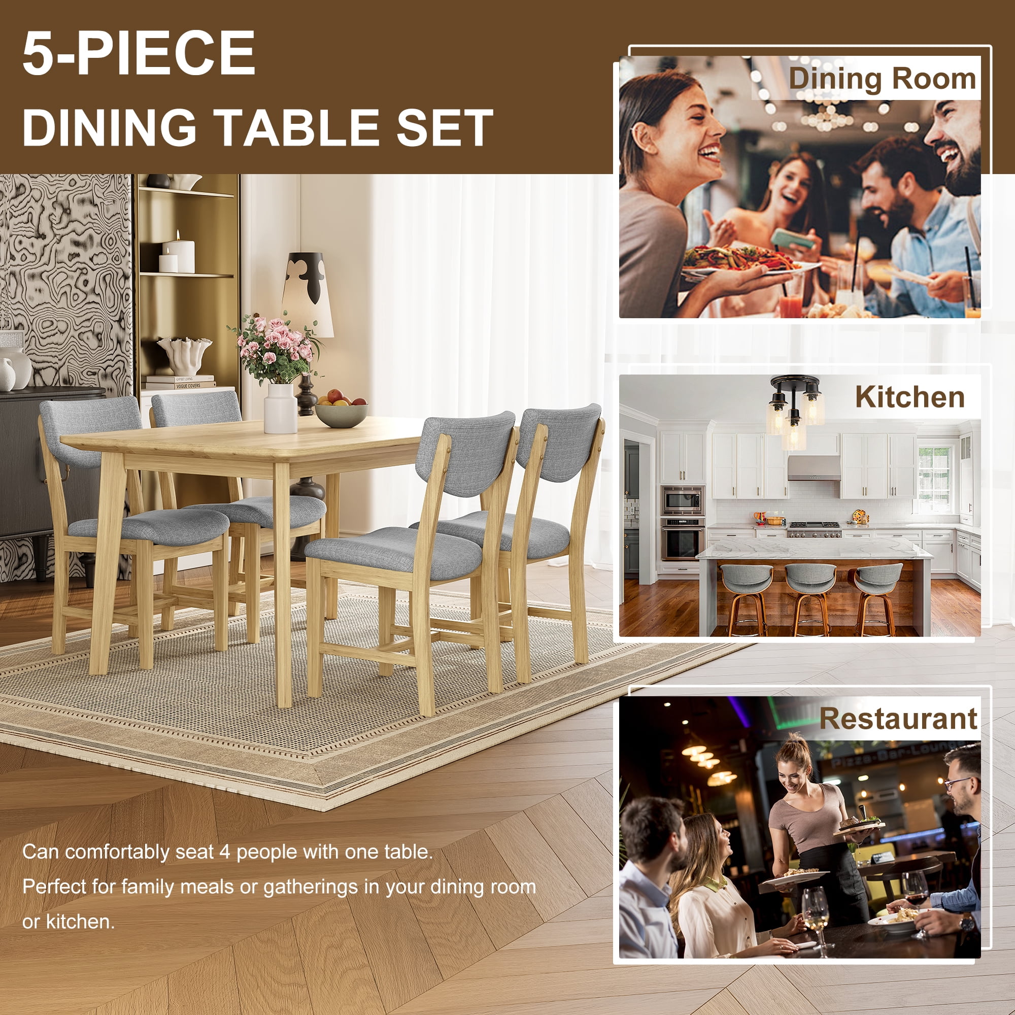Euroco 5 Piece Dining Table Set for 4, Farmhouse Wood Kitchen Table Set with 4 Upholstered Chairs for Kitchen & Dining Room,Natural