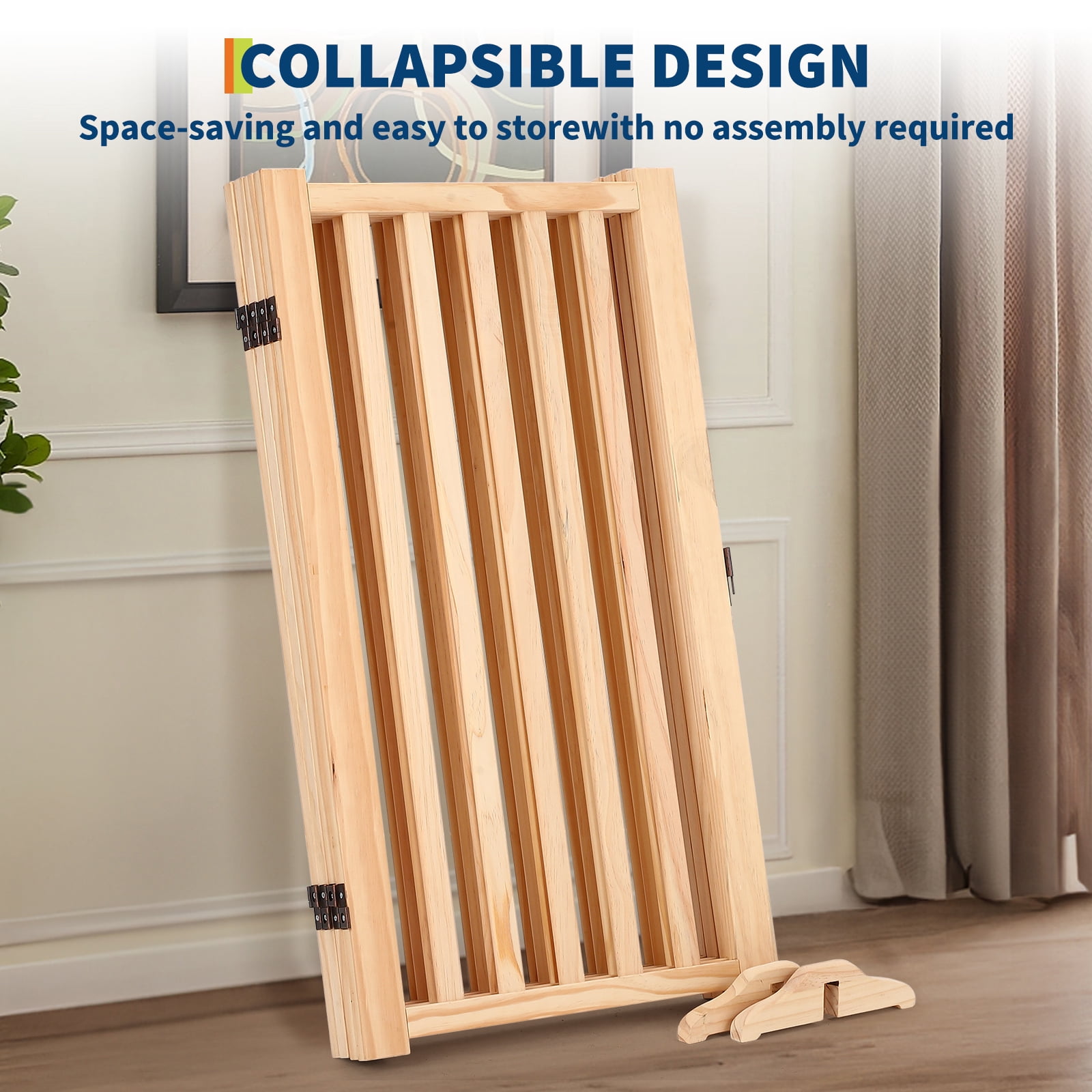 Freestanding Pet Gate, Wooden Dog Fence with 2 Support Feet, Collapsible Dog Gate for Indoor, Stairs, Doorway, Hall, Kitchen, Step-Over Safety Pet Barrier, Paint-Free, 4 Panel H:36"