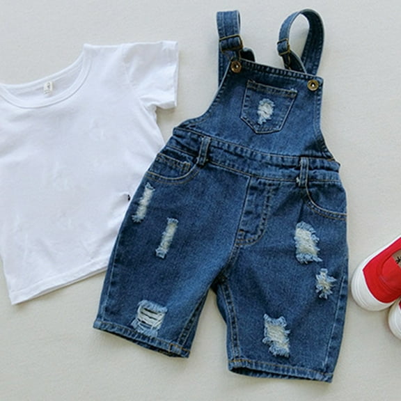 Girls Jumpsuit Summer Denim Ripped Shorts for Toddler Boys and Girls Elastic Thin Breathable Casual Overalls Baby Romper Blue 1 Years-2 Years