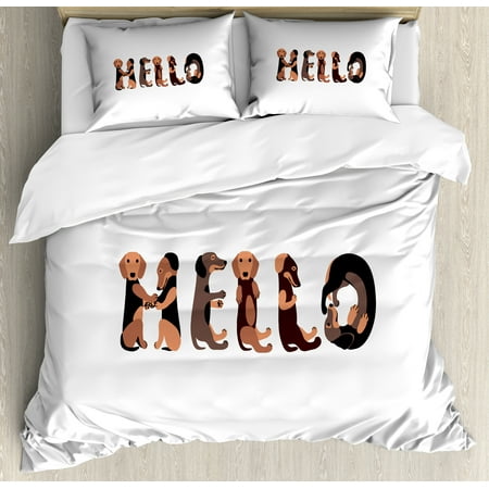 Dachshund Duvet Cover Set, Dachshund Puppies Spelling the Word Hello Lovely Animal Font Design, Decorative Bedding Set with Pillow Shams, Brown Caramel Taupe, by