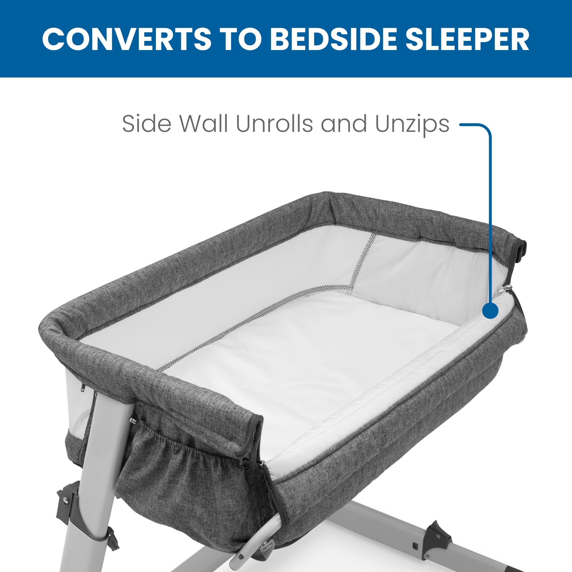 Simmons Kids Dream Bedside Baby Bassinet Sleeper with Breathable Mesh and Adjustable Heights - Lightweight Portable Crib, Grey