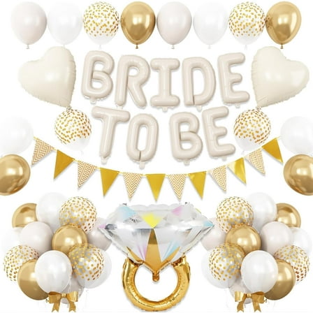 White and Gold Bachelorette Party Decorations Kit, Sand White Bride to Be Banner with Diamond Ring and Heart Balloons, for Bridal Shower Engagement Wedding