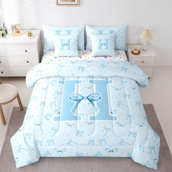 Erosebridal Kawaii Blue Bow Twin Bedding Sets 7-Piece For Girls Twin Bedding Sets 7-Piece,Personalized Initial H Bedding Comforter Set,Super Cozy Room Decor