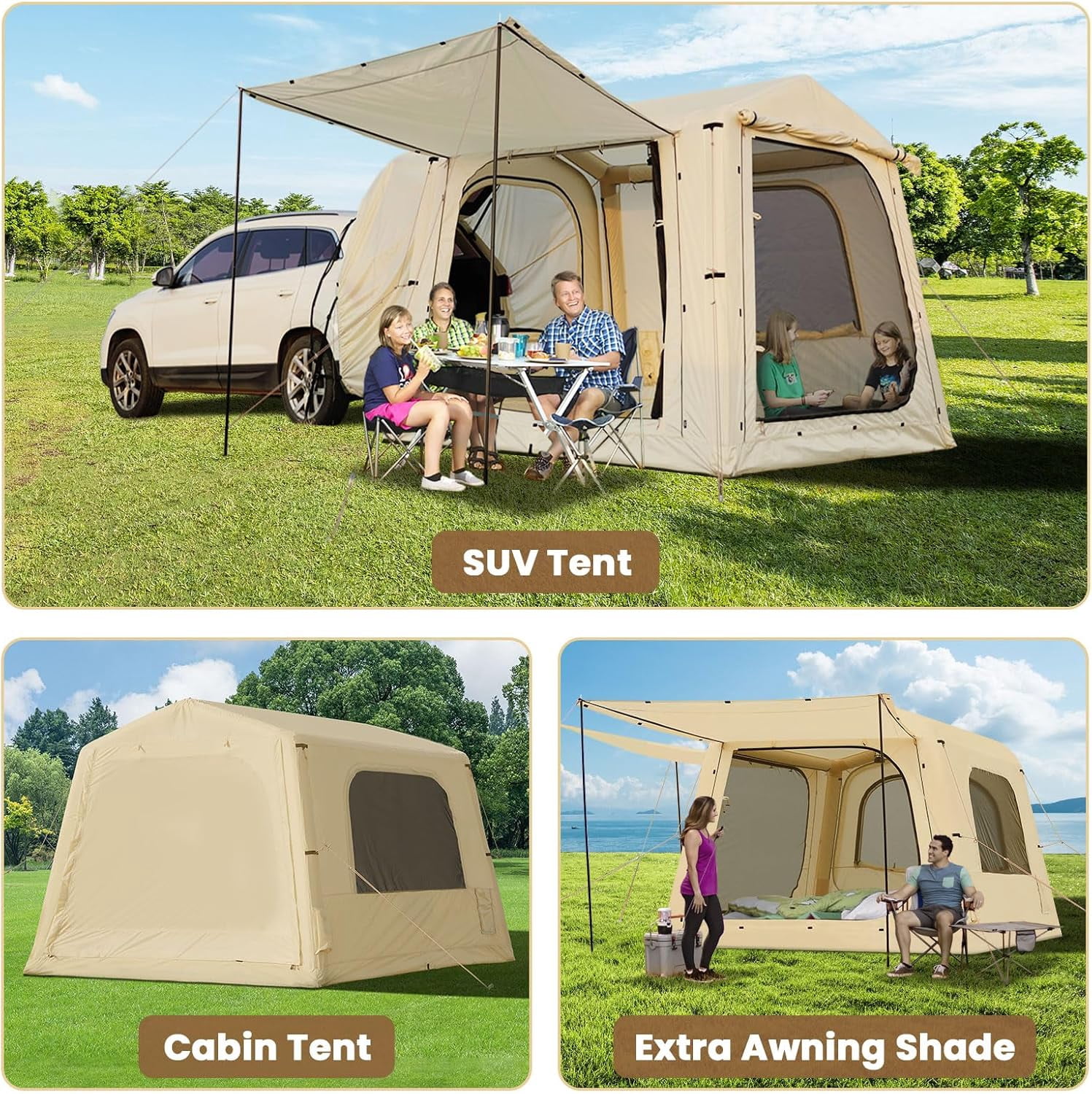 Slsy Inflatable Tent with Pump, Inflatable Tent for Camping 6~8 People Large Blow Up Air Tents House, Waterproof Luxury Glamping Tent with Mesh & Stove Jack