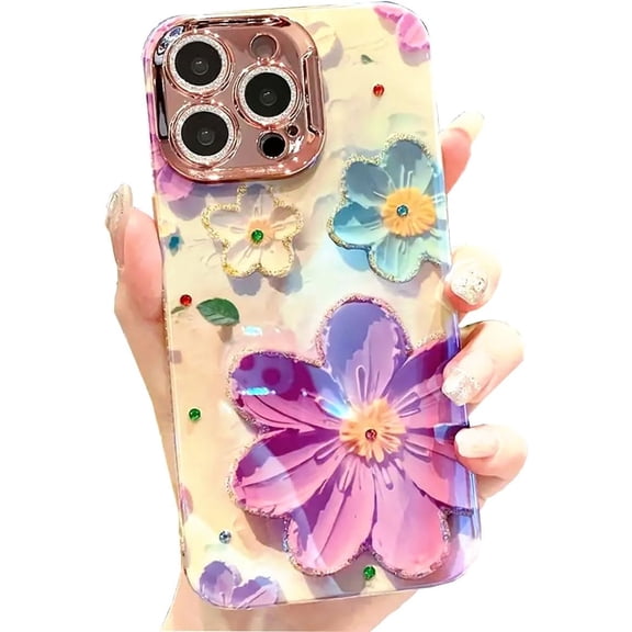 for iPhone 15 Pro Max Case, Colorful Retro Oil Painting Printed Flowers Rhinestones Case,Glossy Pattern Cute Bling Glitter Diamond Phone Cover Girly Women for iPhone 15 Pro Max (Purple/Pink)