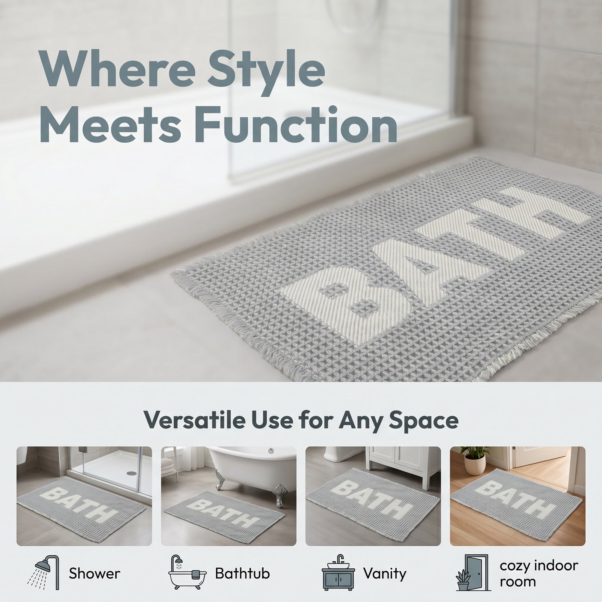Unique Bargains Non Slip Washable Absorbent Quick Dry Waffle Bath Mat Gray 24" x 17"