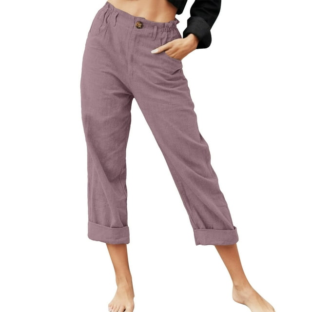 Pantalones largos Gibobby mujer negros cintura con botones elásticos cremallera bolsillos sólido Morado M