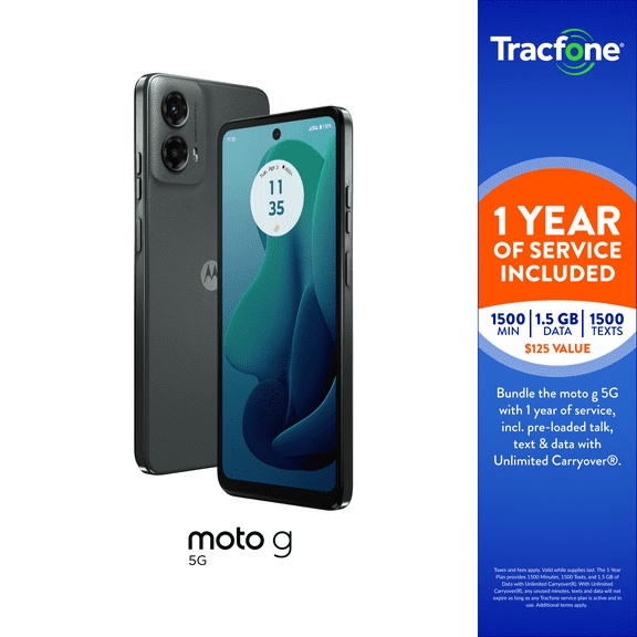 Tracfone Motorola Moto g 2024, 5G, 64GB, Blue Includes 1500Min/1500Txt/1500MB, 365 Days Service Plan - Prepaid Smartphone Service Bundle