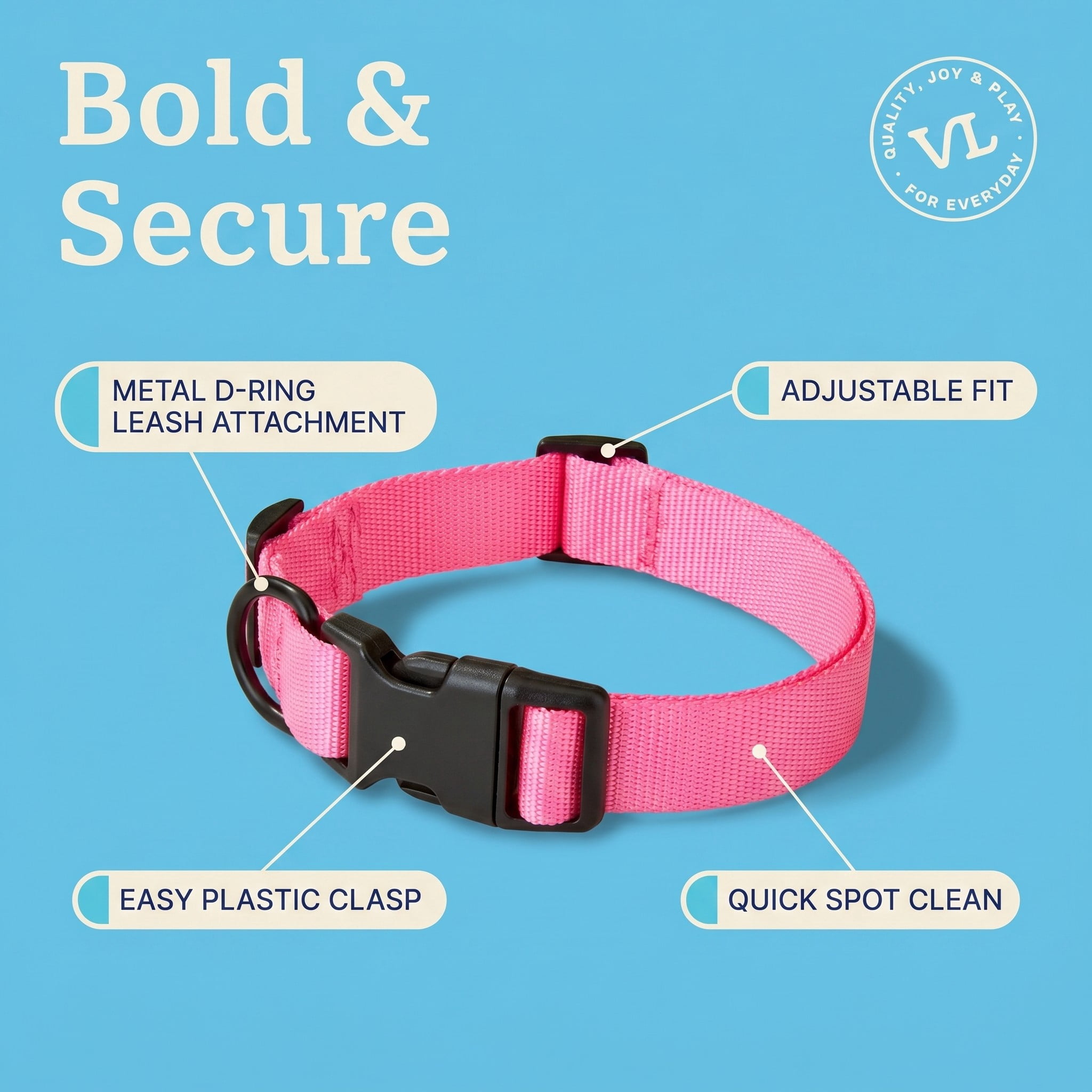 Vibrant Life Solid Polyester Adjustable Dog Collar, Pink, Large