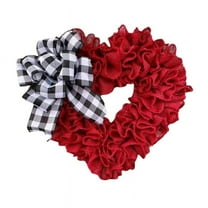 Red Heart Shaped Wreath Valentine's Day 15.7in Plaid Bowknot Front Door Artificial Garland for Home Farmhouse Indoor Outdoor