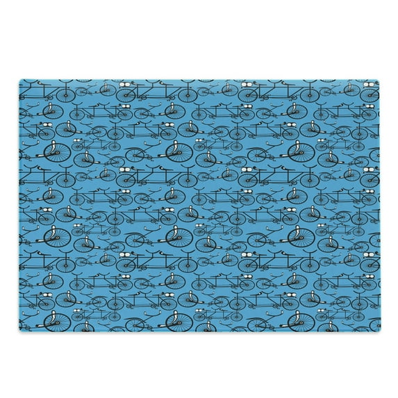 Bicycle Cutting Board, Antique Cartoon Style Bikes on Blue Background Retro Pattern with Wheels, Decorative Tempered Glass Cutting and Serving Board, Large Size, Blue Black and White, by Ambesonne