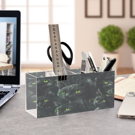 WOBOGO Dark Pattern with Black Cats Acrylic Pen Holder 4 Compartments Clear Pencil Organizer Makeup Brush Storage Case