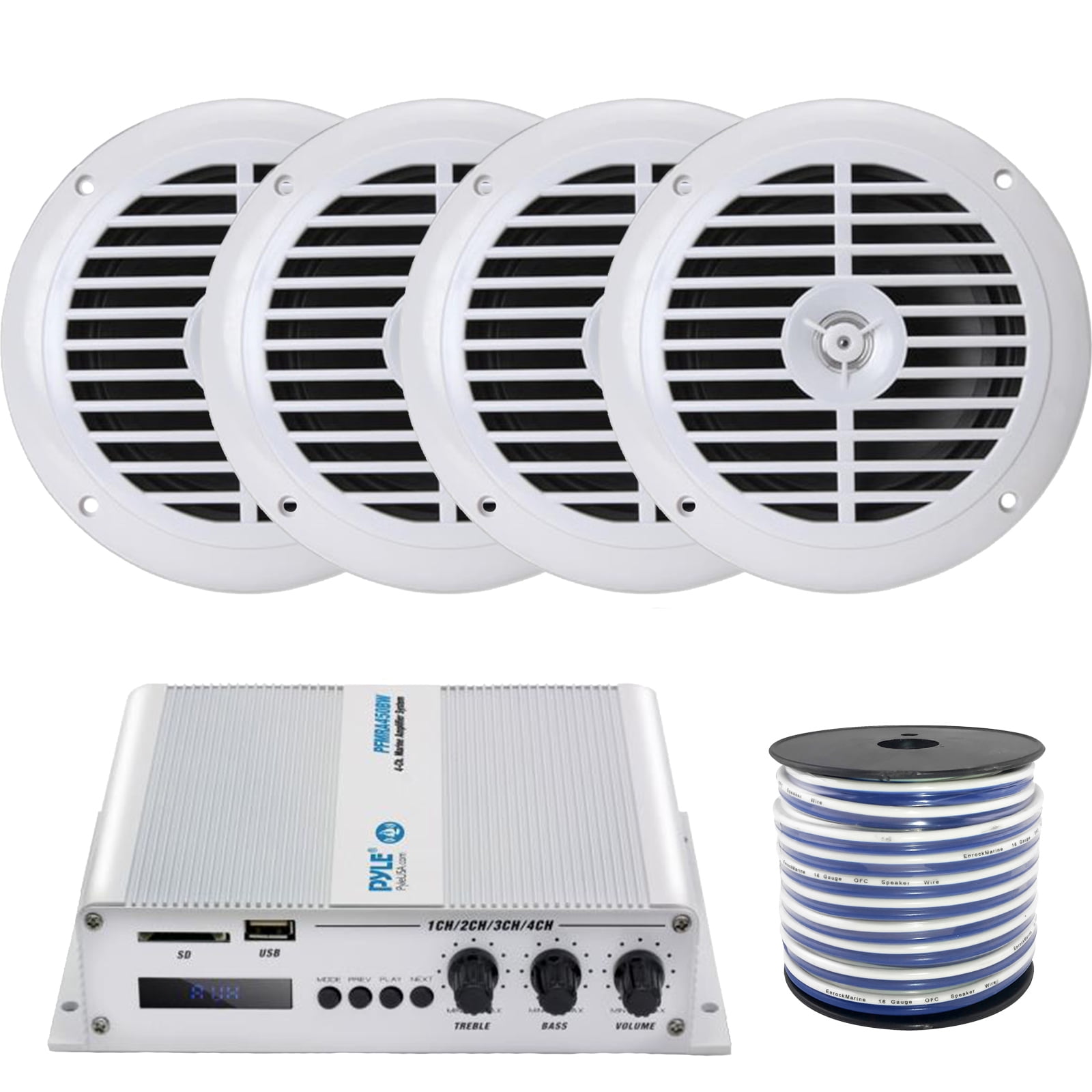 4 x Pyle 6.5'' Dual Cone 120W Full Range White Stereo Speakers, Pyle 4