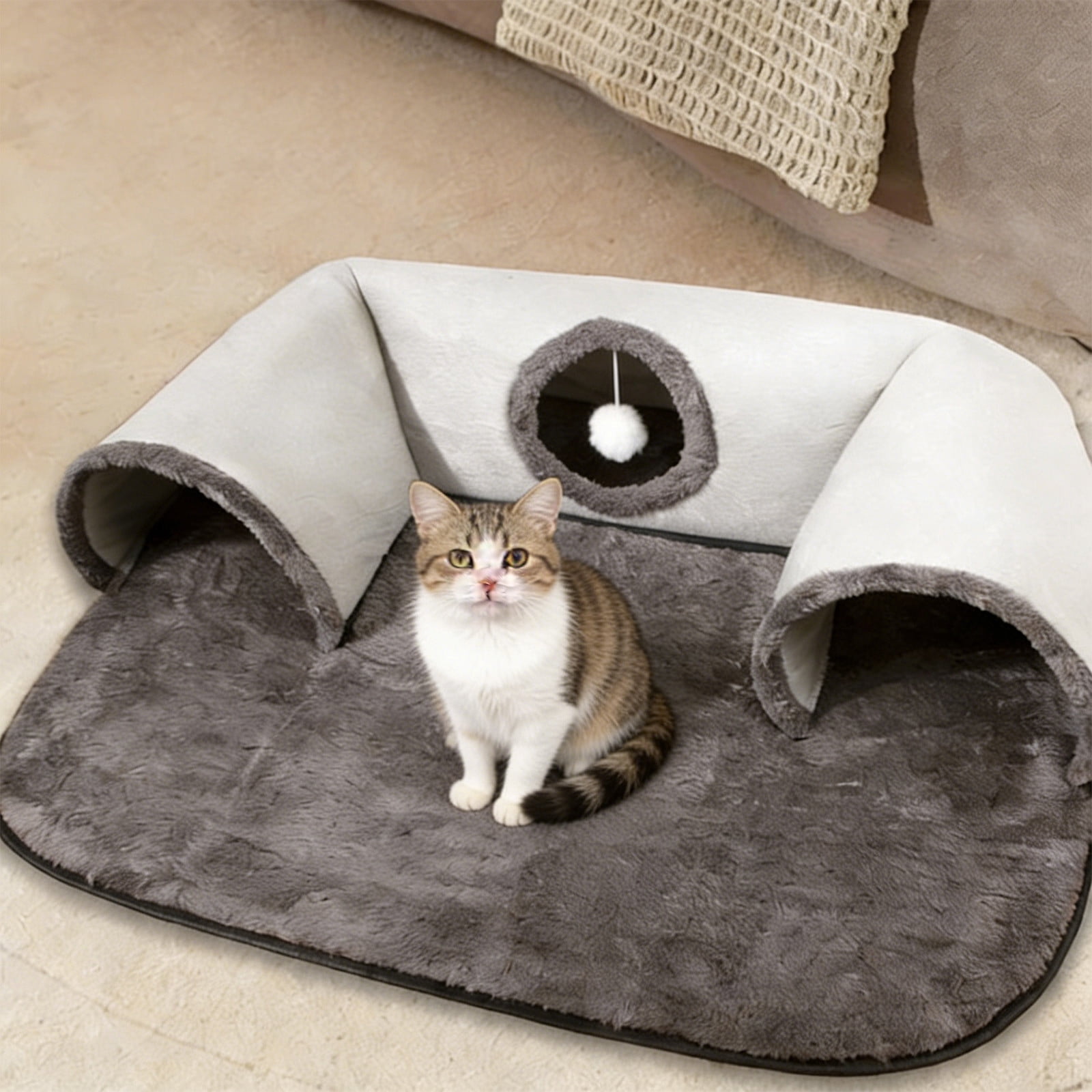 U-Shaped Cat Tunnel Bed for Multiple Cats with Hanging Toy, Enclosed Washable Cat Cave for Indoor Outdoor Use, Machine Washable Soft Pet Bed
