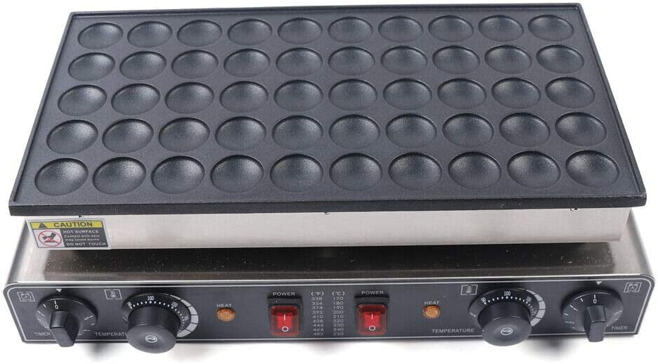 Commercial Dutch Pancakes Maker, 50-hole Grid Muffin Machine Electric Waffle Dorayaki Maker, 2 Switch 5-minutes Timer Setting, Stainless Steel Body+ Non-stick Cast-iron Plate