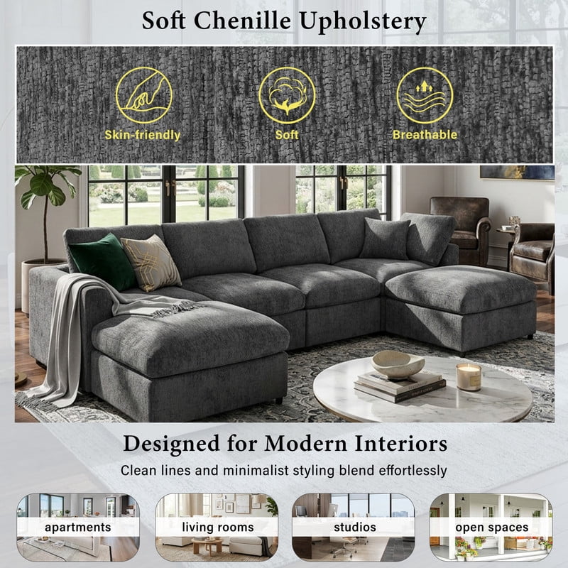 130.3" 6-Seater U-Shaped Modular Sectional Sofa, Chenille Upholstered Couch with 2 Movable Ottomans, Deep Seat Modern Sofa with Solid Wood Frame, Accent Pillow for Living Room