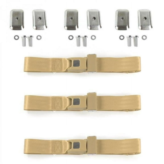 SafeTboy  Ford 1928-1931 Model A Standard 2 Point Tan Lap Bench Seat Belt Kit with Bracketry - 3 Belts