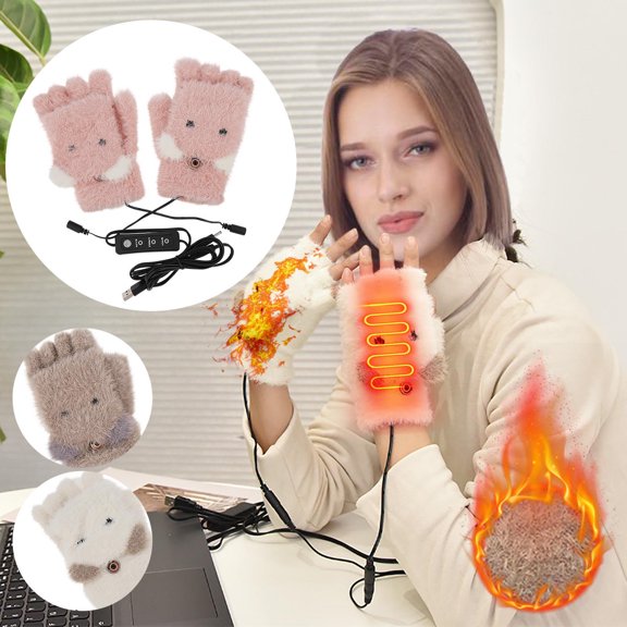 UTSJKR Women Hand Warm Gloves,USB Heating Winter Gloves,Winter Warm Laptop Gloves, Heater Fingerless Warmer Gloves,Half-Finger Gloves with Flip Cover White
