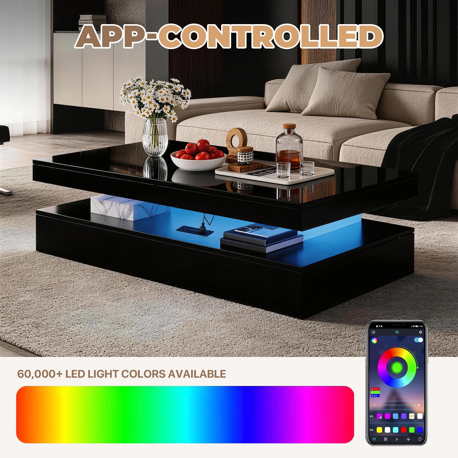 BaPiPro LED Coffee Table with 2 Storage Drawers, Modern Center Table with USB Charging & Smart Control for Living Room, 39" Black