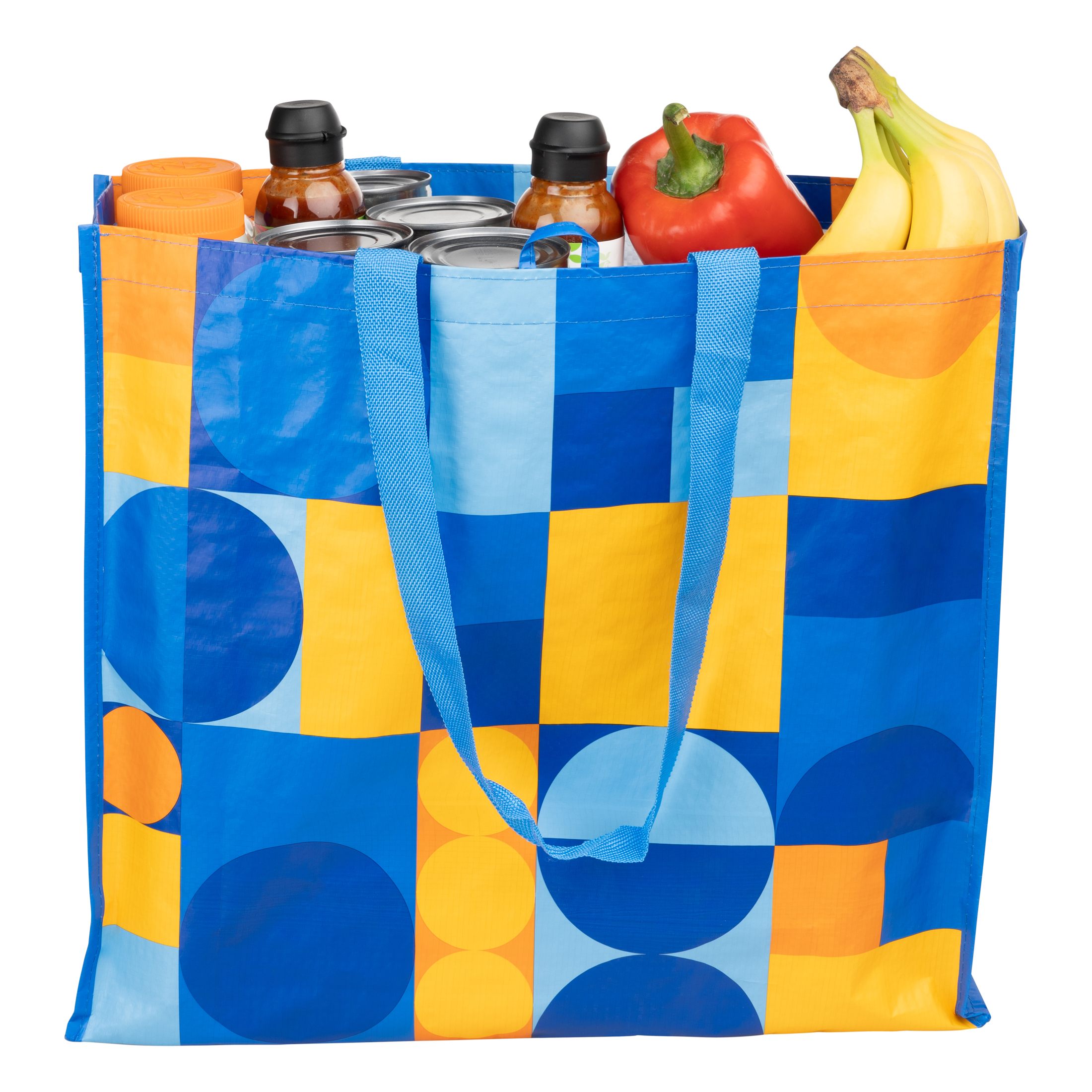 Reusable, Multi-Functional Wide Grocery Bag, Blue and Yellow Abstract Design - image 2 of 5