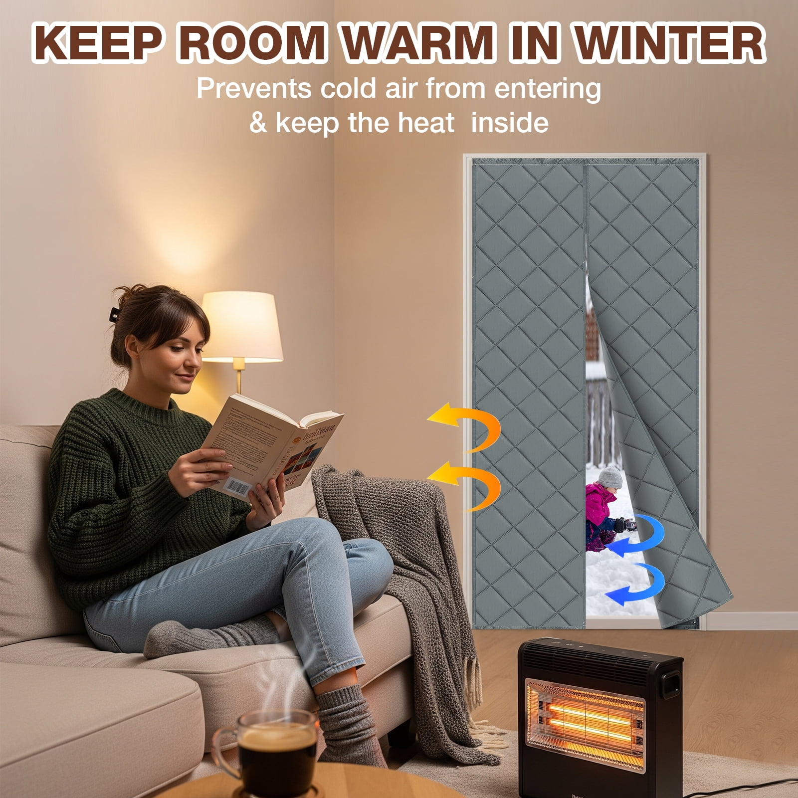 Lapalife 2 Panels Cotton Thermal Door Screen Draft Stopper Cover, 35"x 82" Magnetic Thermal Curtains for Winter, Thermal Insulated Door Curtain for Doors