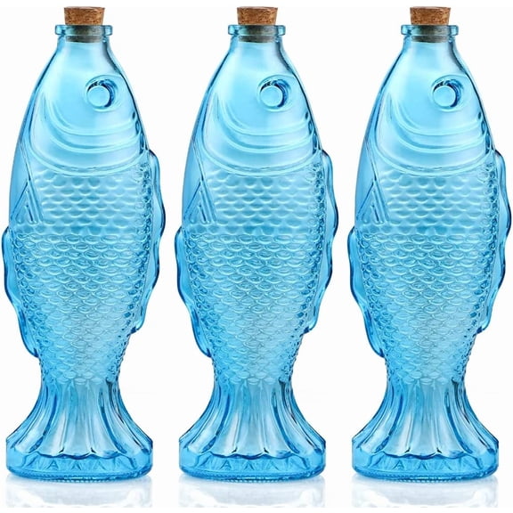 3-Pack Fish Shaped Glass Bottles, s with Cork Stopper, Fish Decanters for Gift, Bar, Home Decor, Capacity 500ml/17.5oz (Blue)