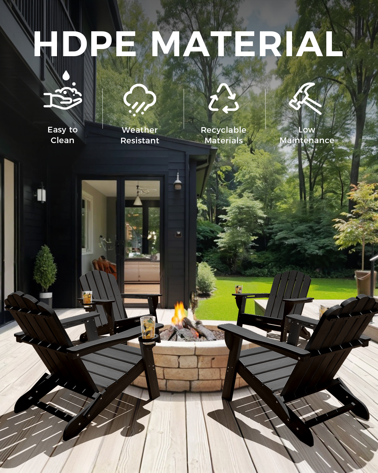 Folding Adirondack Chair, HDPE Patio Adirondack Chair with 2 Cup Holders, All-Weather Outdoor Chairs, Fire Pit Chairs for Patio, Garden, Poolside, Black