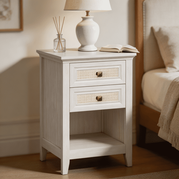 SAYGOGO Farmhouse Boho Nightstand with 2 Rattan Drawers & Open Storage Shelf, Grayish White Wood End Table for Bedroom Living Room