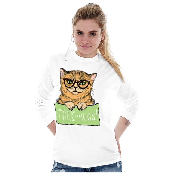 Cat with Classes Cute Kitty Free Hugs Women Plus Size Long Sleeve Graphic Tee Brisco Brands 2X