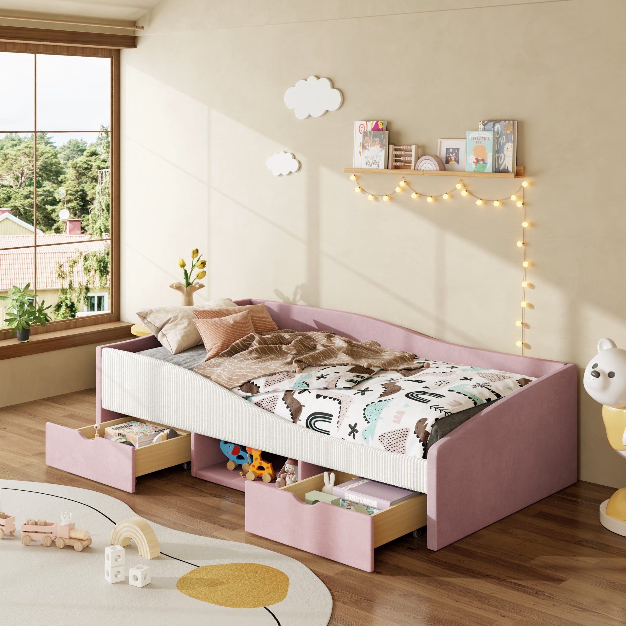 Aukfa Twin Size Upholstered Daybed with 2 Storage Drawers, Shelf and Curved Guardrails, Velvet Bed Frame, Pink