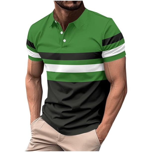 pstuiky Camisas de manga corta para hombre, Blusa informal de manga corta con cuello vuelto y botones con costuras a rayas para hombre ropa de hombre l