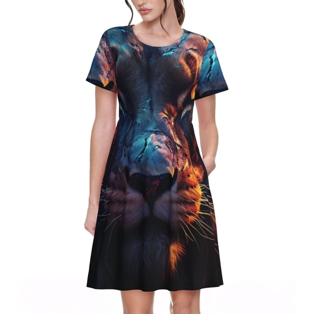 Disketp Forest Cool Lion para Vestido de Manga Corta para Mujeres, Vestidos de Verano para Mujeres, Casual y Holgado para la Playa