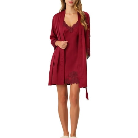 cheibear Women s 2 Pcs Satin Pajama Sets Nightgown with Robe Lingerie Lounge Sleepwear S Red