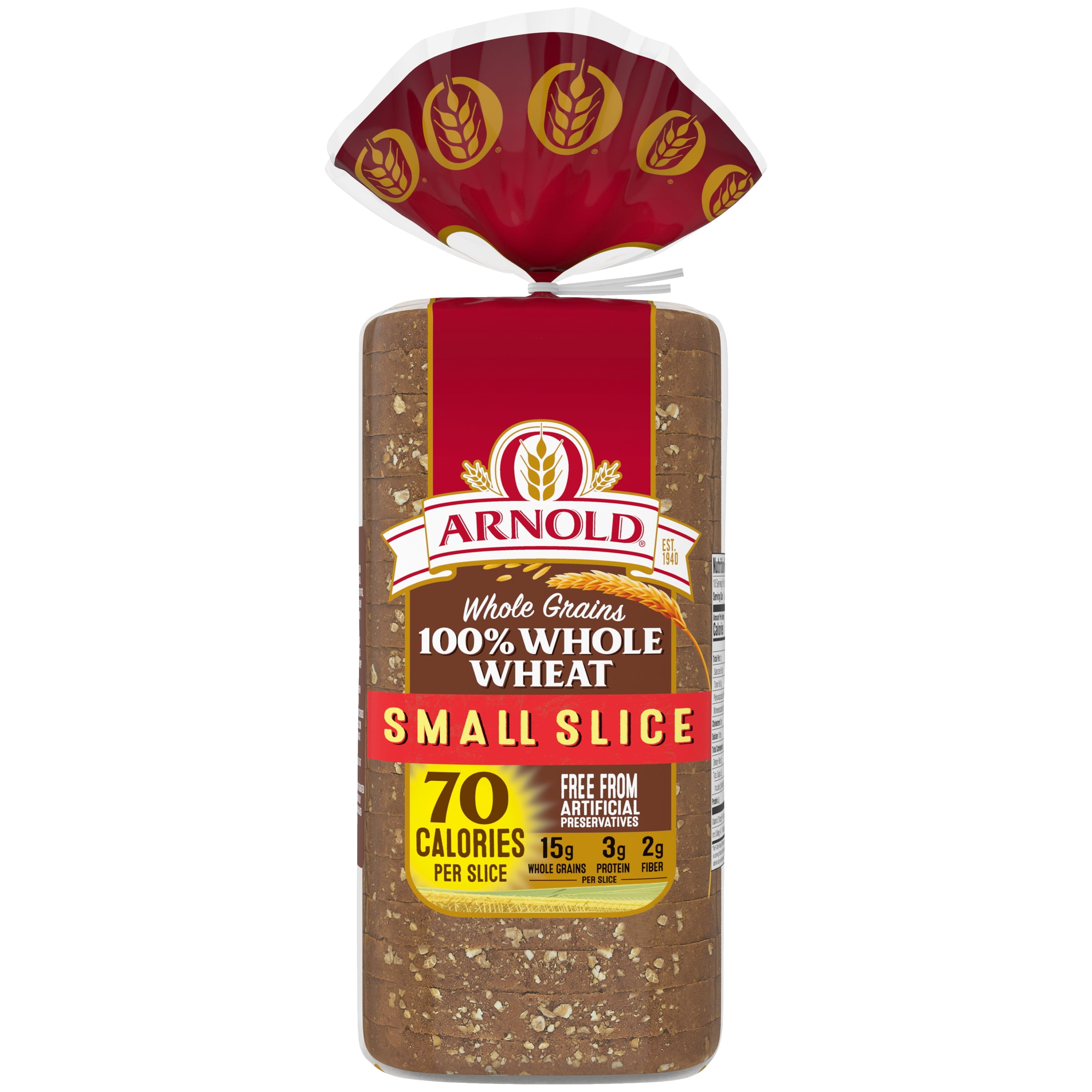 Arnold Whole Grains Small Slice 100% Whole Wheat Bread, Free from Artificial Preservatives, 18 Ounces