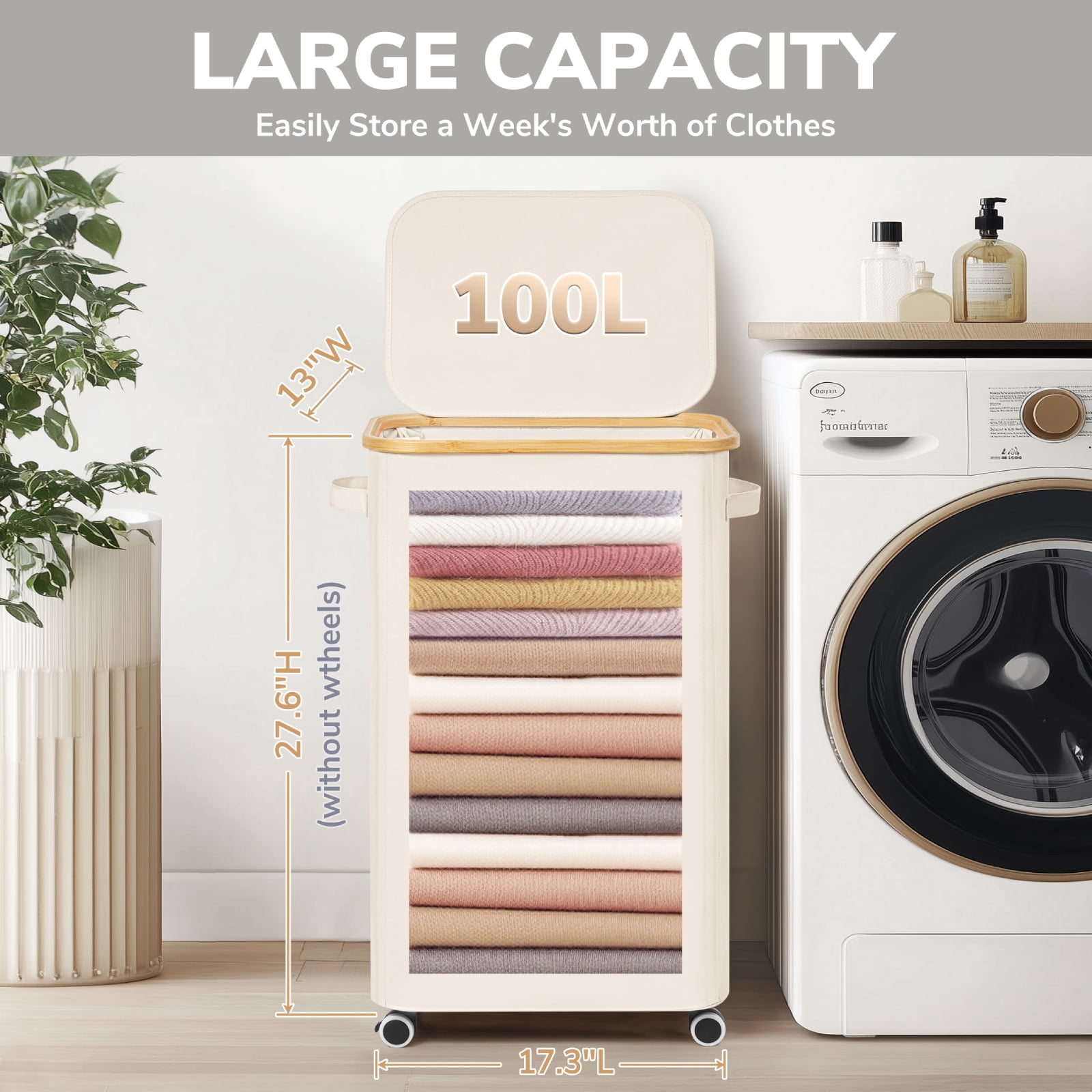 Slim Laundry Basket with Wheels,Freestanding Laundry Hamper with Lid&Bamboo Handles(100L White)