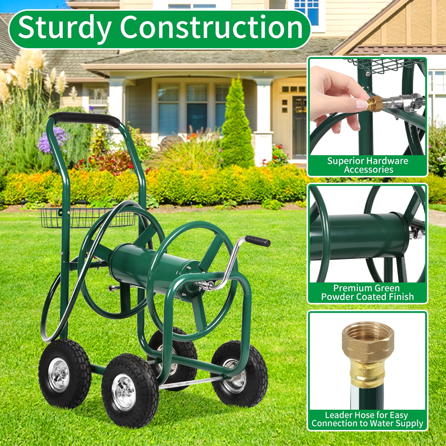 Garden Hose Reel Cart with Wheels Heavy Duty Hose Reels Cart Water Hose Cart Holds 300-Feet of 5/8"" Hose for Yard Water Planting Outdoor Garden Lawn Water Truck w/Storage Basket, Green