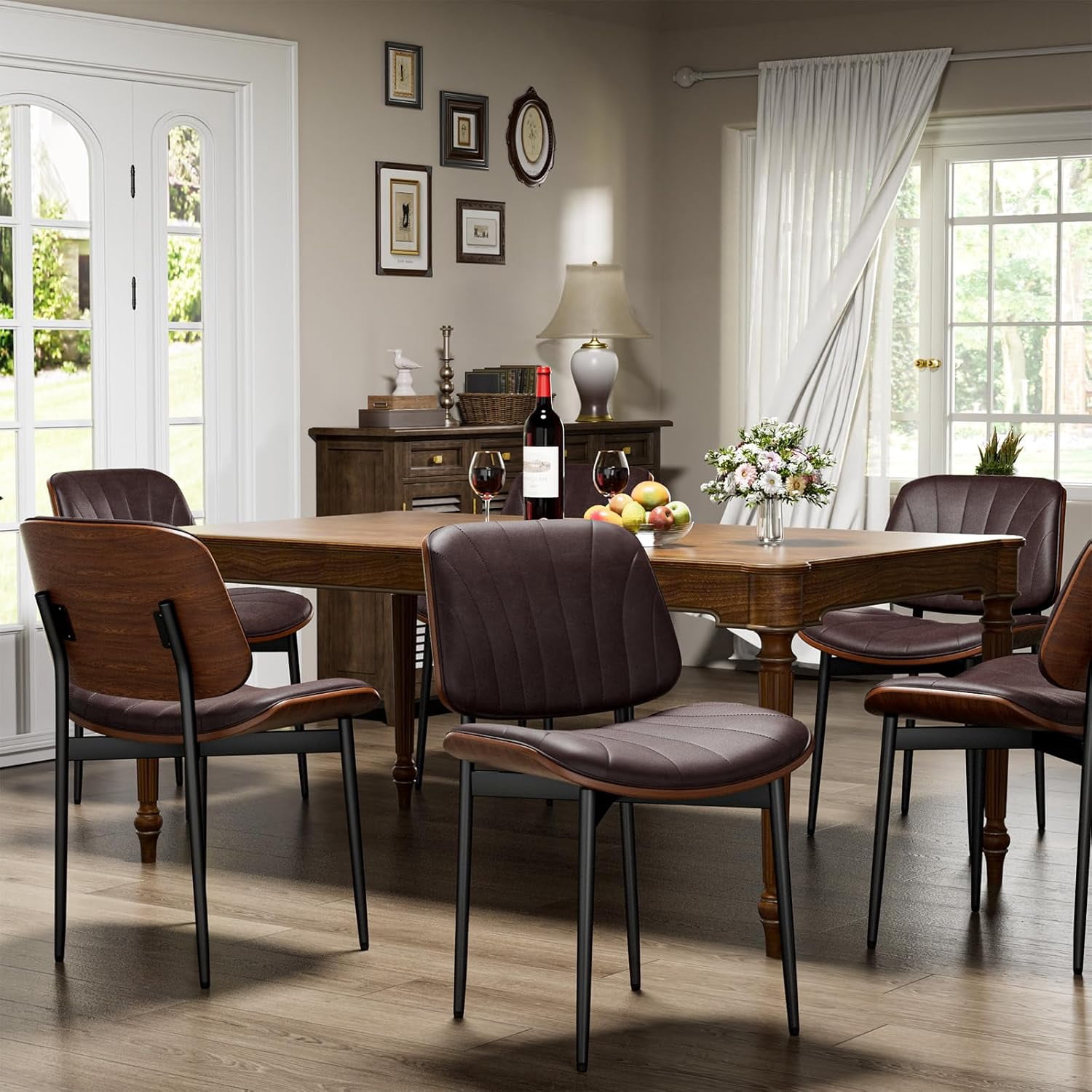 GIKPAL Dining Chairs Set of 6 PU Faux Leather Walnut for Mid-Century Modern Kitchen & Dining Room,Brown