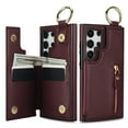 thumbnail image 5 of Wallet Case for Samsung Galaxy S24 Ultra, Premium Vintage PU Leather Magnetic Closure Handbag Zipper Pocket Case Kickstand Card Holder Slots with Ring Hook Shockproof Flip Cover, Jujube Red, 5 of 9
